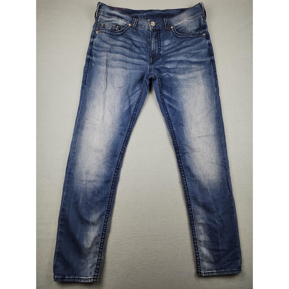 True Religion Geno Relaxed Slim Jeans Mens 36x33 Med Wash Blue Distressed Denim